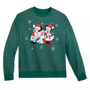 DISNEY SANTA MICKEY MINNIE MOUSE HOLIDAY CHRISTMAS GREEN SWEATSHIRT EMBROIDERED
